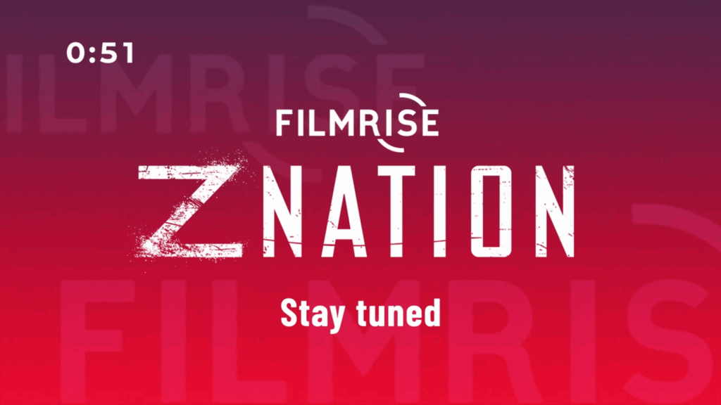 Ecran publicitaire de la chaîne fast FilmRise Z Nation avec chronomètre de la durée interruption publicitaire